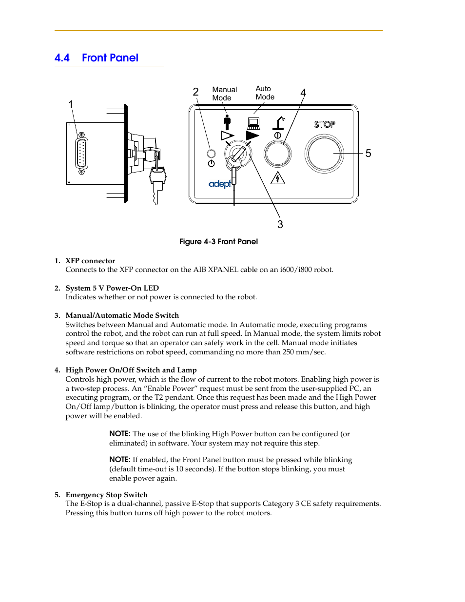 4 front panel, Figure 4-3, Front panel | Adept i600 Cobra User Manual | Page 40 / 110