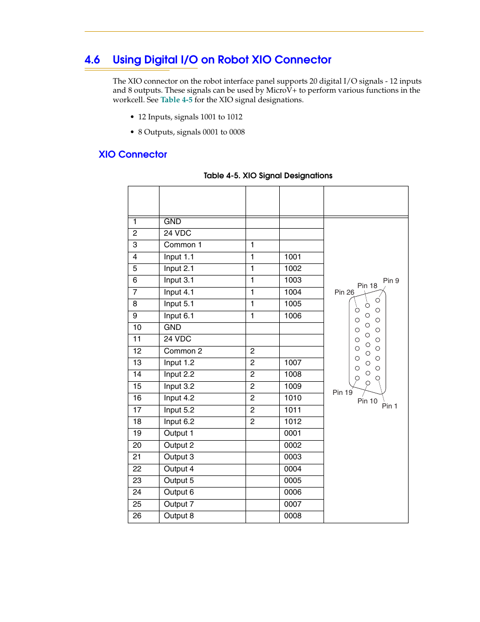 6 using digital i/o on robot xio connector, Xio connector | Adept i600 Cobra User Manual | Page 43 / 110