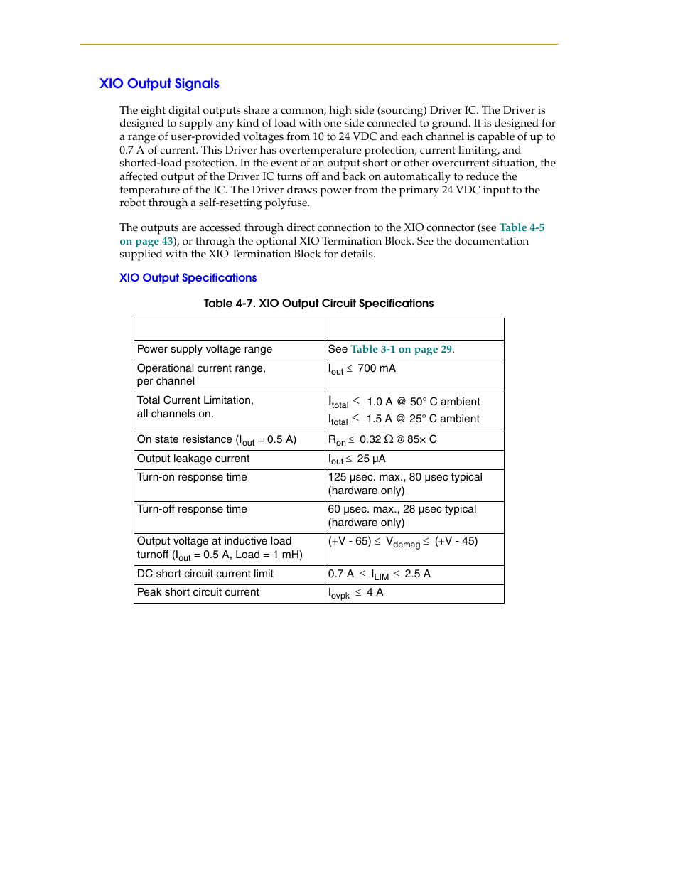 Xio output signals, Xio output specifications | Adept i600 Cobra User Manual | Page 46 / 110
