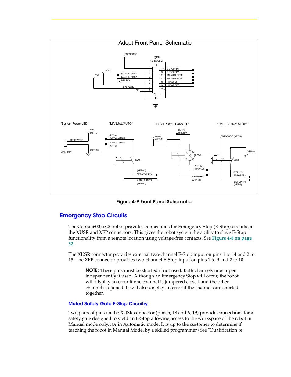 Emergency stop circuits, Muted safety gate e-stop circuitry, Figure 4-9 | Front panel schematic, Adept front panel schematic | Adept i600 Cobra User Manual | Page 53 / 110