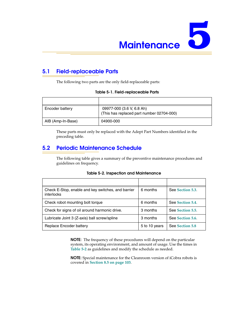 Maintenance, 1 field-replaceable parts, 2 periodic maintenance schedule | Adept i600 Cobra User Manual | Page 61 / 110