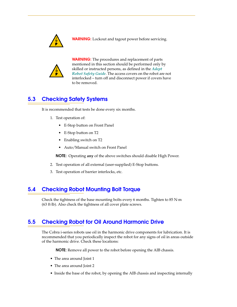 3 checking safety systems, 4 checking robot mounting bolt torque, 5 checking robot for oil around harmonic drive | Section 5.3, Section 5.4, Section 5.5 | Adept i600 Cobra User Manual | Page 62 / 110
