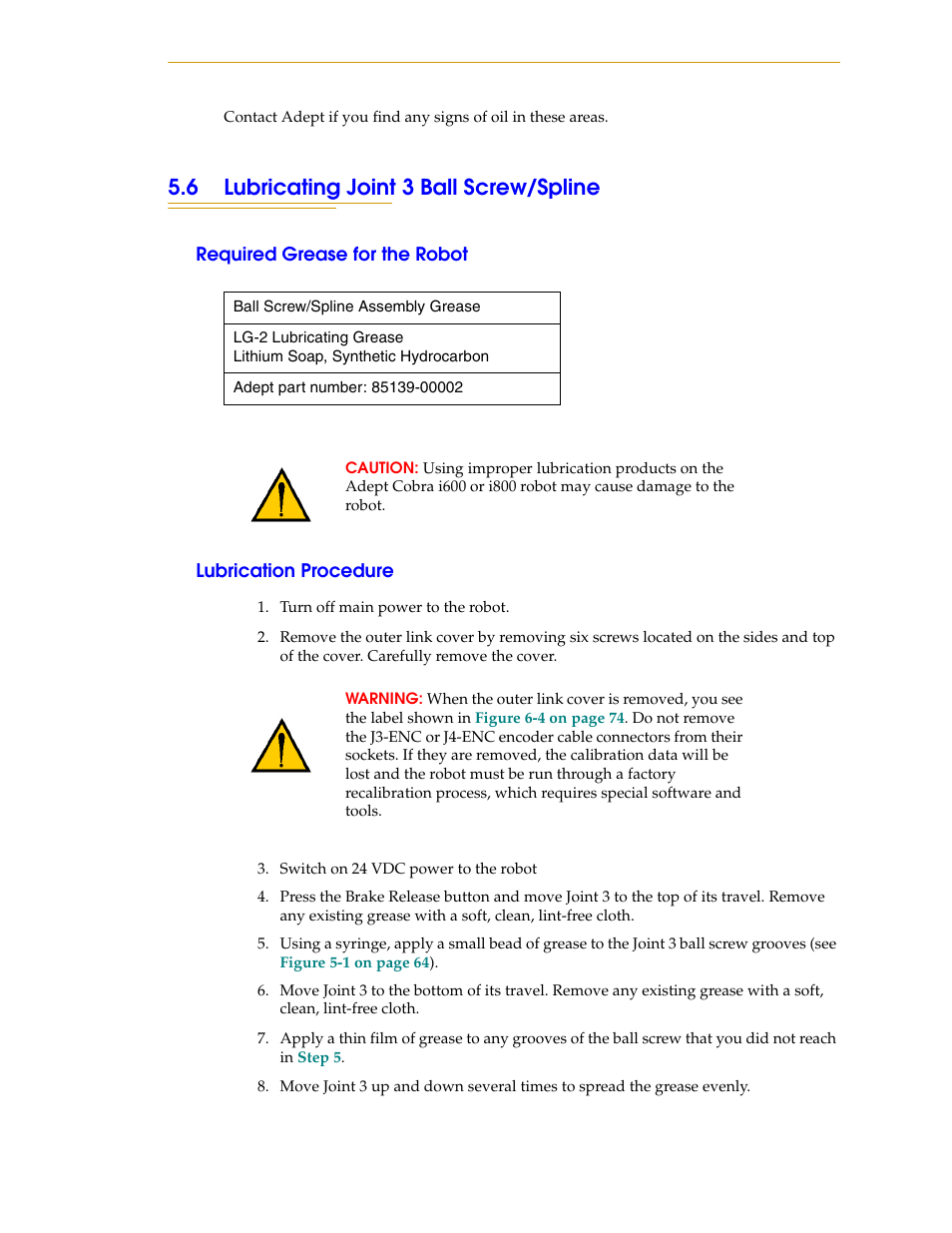 6 lubricating joint 3 ball screw/spline, Required grease for the robot, Lubrication procedure | Section 5.6 | Adept i600 Cobra User Manual | Page 63 / 110