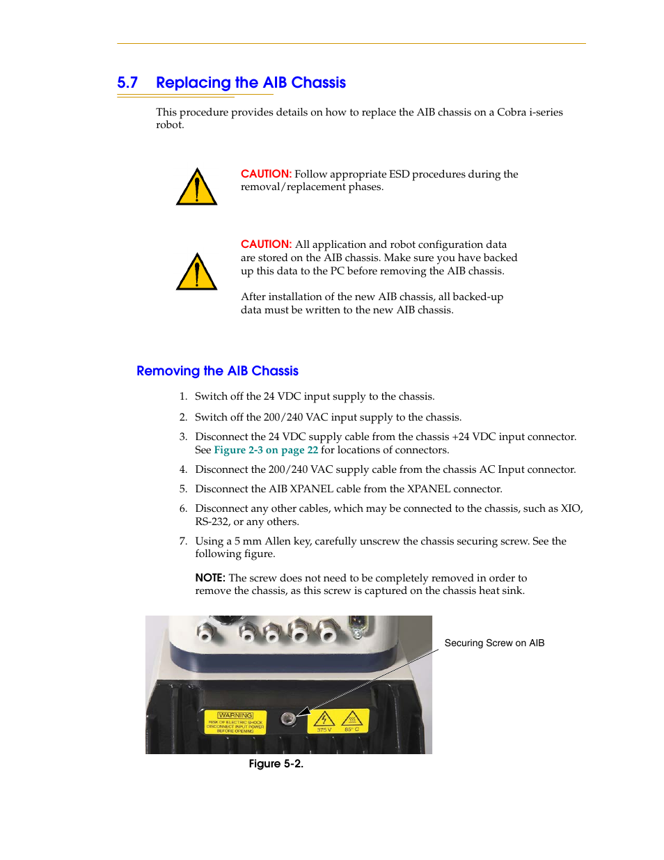 7 replacing the aib chassis, Removing the aib chassis, Figure 5-2 | Securing screw on aib chassis | Adept i600 Cobra User Manual | Page 65 / 110