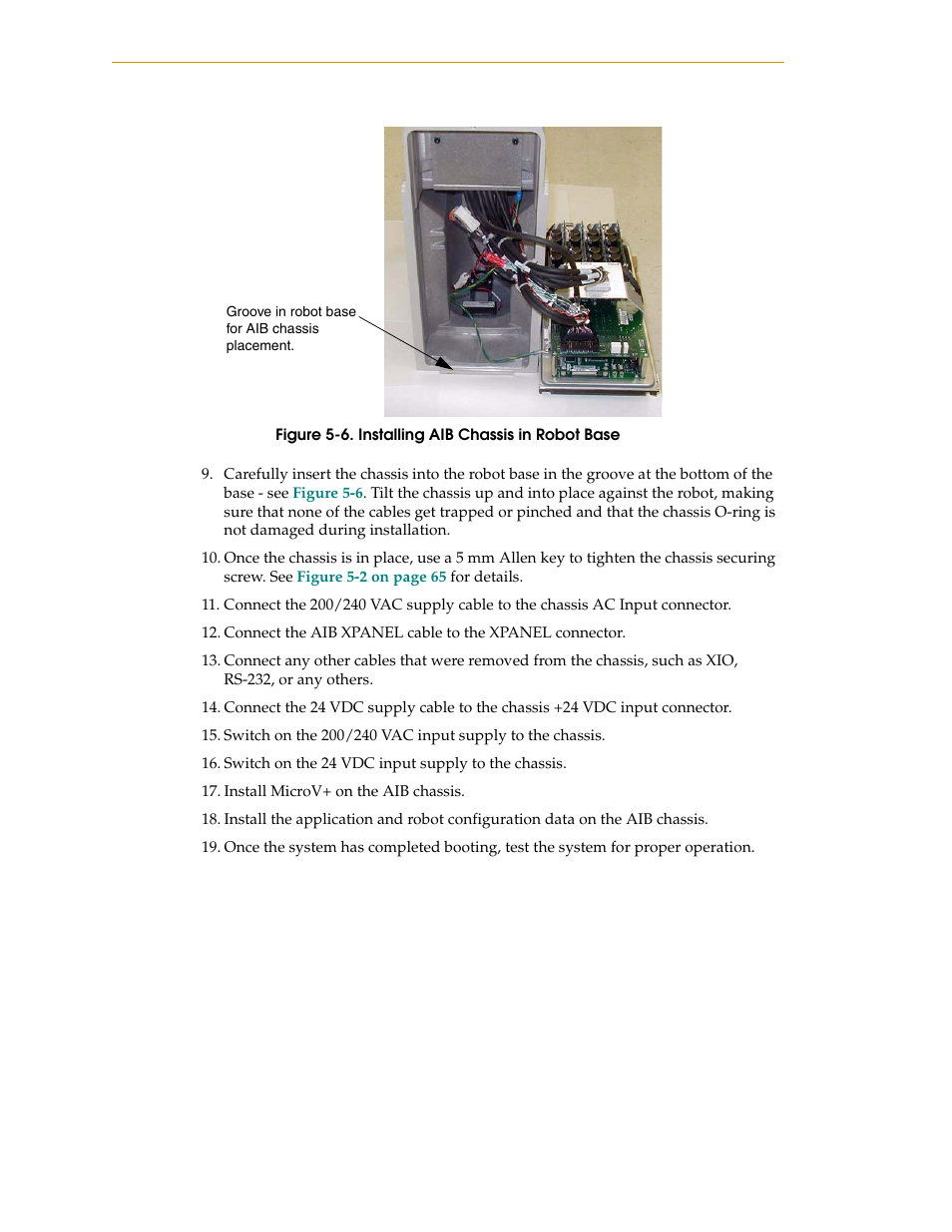 Figure 5-6, Installing aib chassis in robot base | Adept i600 Cobra User Manual | Page 68 / 110