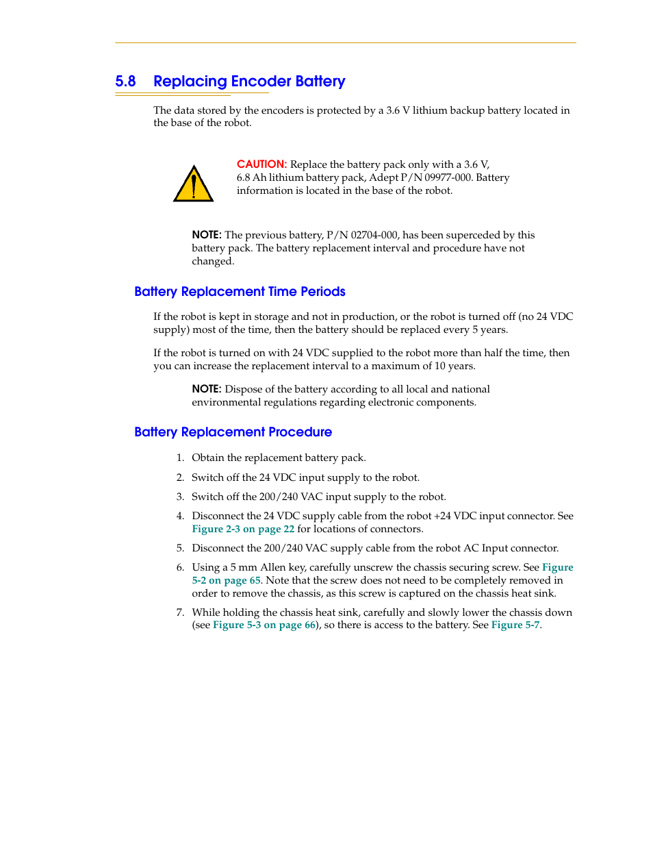 8 replacing encoder battery, Battery replacement time periods, Battery replacement procedure | Section 5.8 | Adept i600 Cobra User Manual | Page 69 / 110