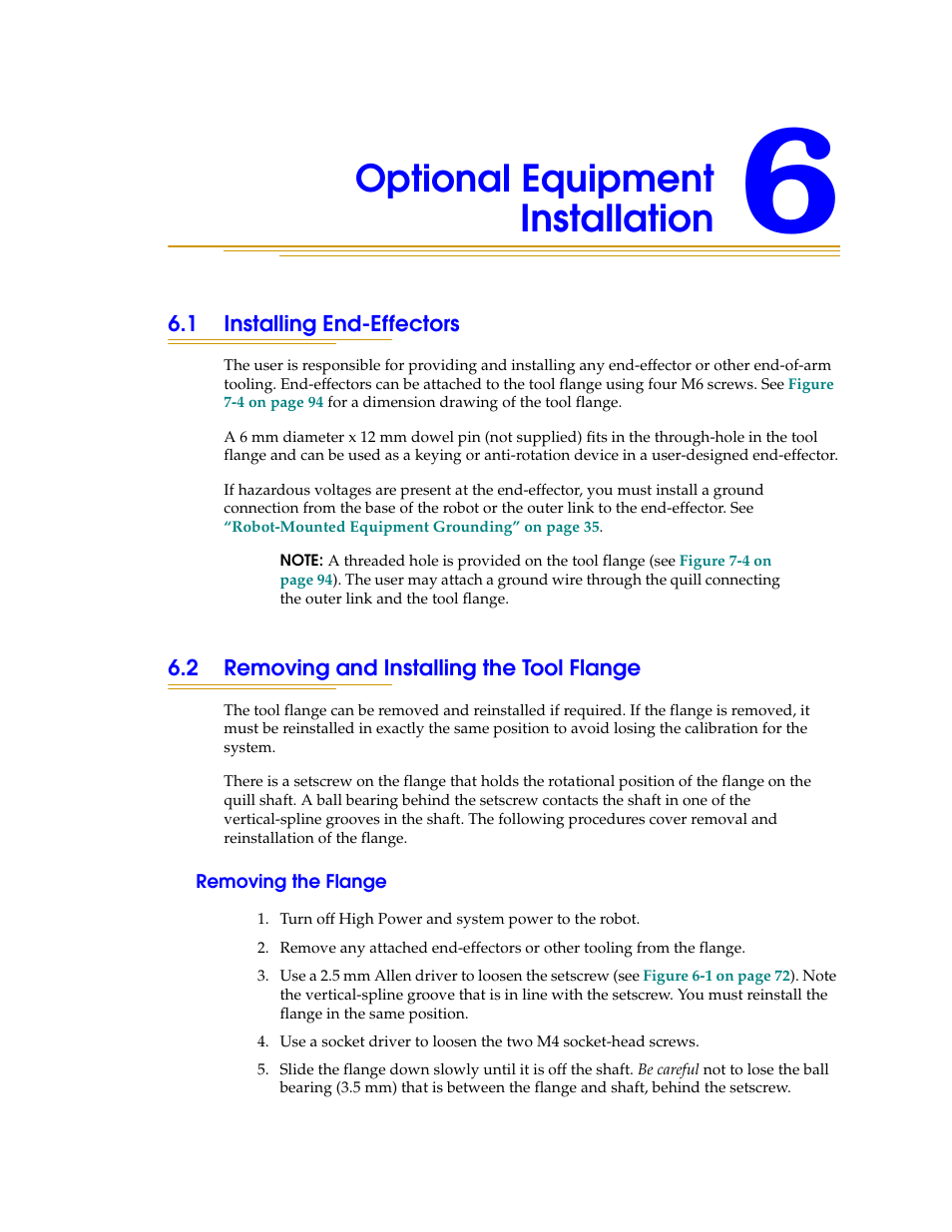 Optional equipment installation, 1 installing end-effectors, 2 removing and installing the tool flange | Removing the flange, Chapter 6 | Adept i600 Cobra User Manual | Page 71 / 110