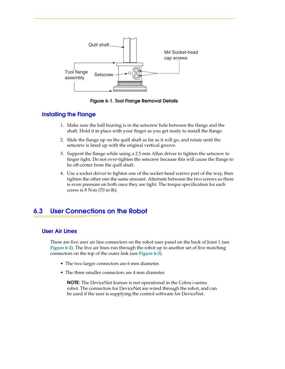 Installing the flange, 3 user connections on the robot, User air lines | Figure 6-1, Tool flange removal details, Note | Adept i600 Cobra User Manual | Page 72 / 110