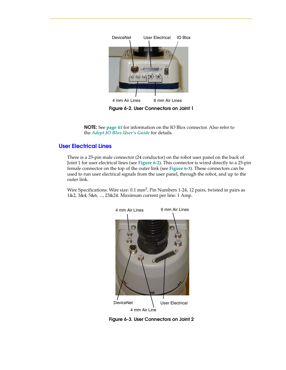 User electrical lines, Figure 6-2, User connectors on joint 1 | Figure 6-3, User connectors on joint 2, Top of the outer link (see | Adept i600 Cobra User Manual | Page 73 / 110