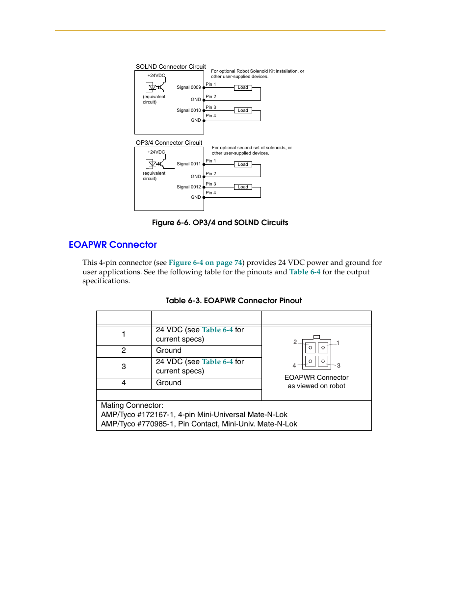Eoapwr connector, Figure 6-6, Op3/4 and solnd circuits | Adept i600 Cobra User Manual | Page 76 / 110