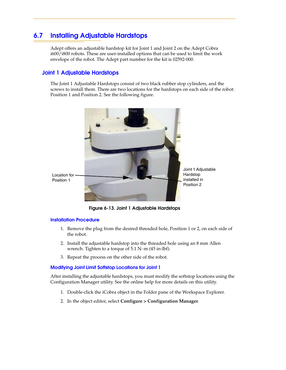 7 installing adjustable hardstops, Joint 1 adjustable hardstops, Installation procedure | Figure 6-13. joint 1 adjustable hardstops | Adept i600 Cobra User Manual | Page 84 / 110