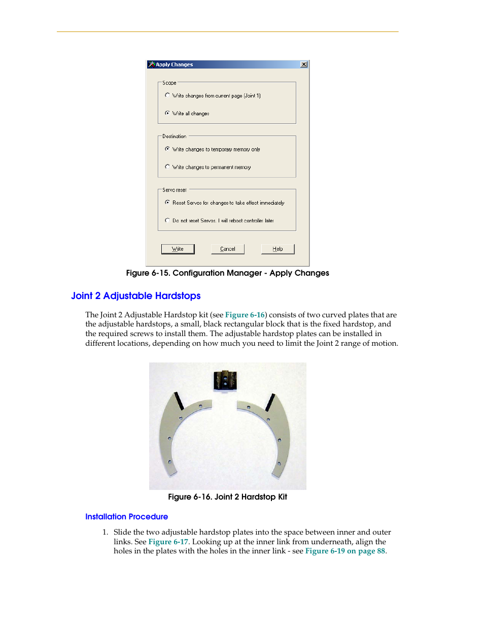 Joint 2 adjustable hardstops, Installation procedure, Figure 6-15. configuration manager - apply changes | Figure 6-16. joint 2 hardstop kit | Adept i600 Cobra User Manual | Page 86 / 110