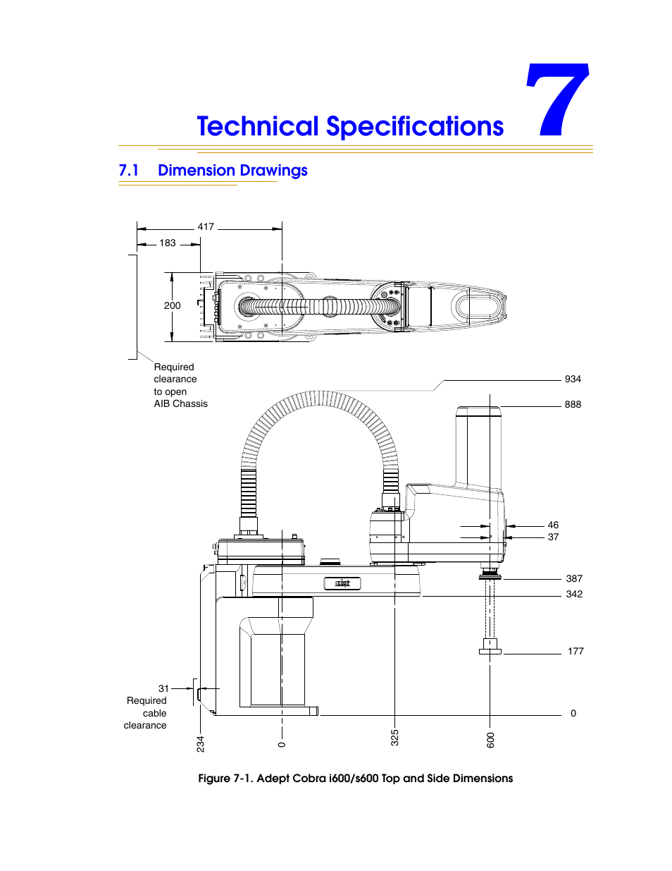 Technical specifications, 1 dimension drawings, Figure 7-1 | Adept cobra i600/s600 top and side dimensions | Adept i600 Cobra User Manual | Page 91 / 110