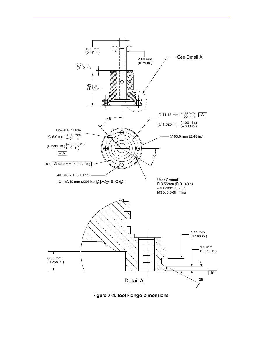 Figure 7-4, Tool flange dimensions, For th | Figure, Figure 7-4 on, Detail a | Adept i600 Cobra User Manual | Page 94 / 110