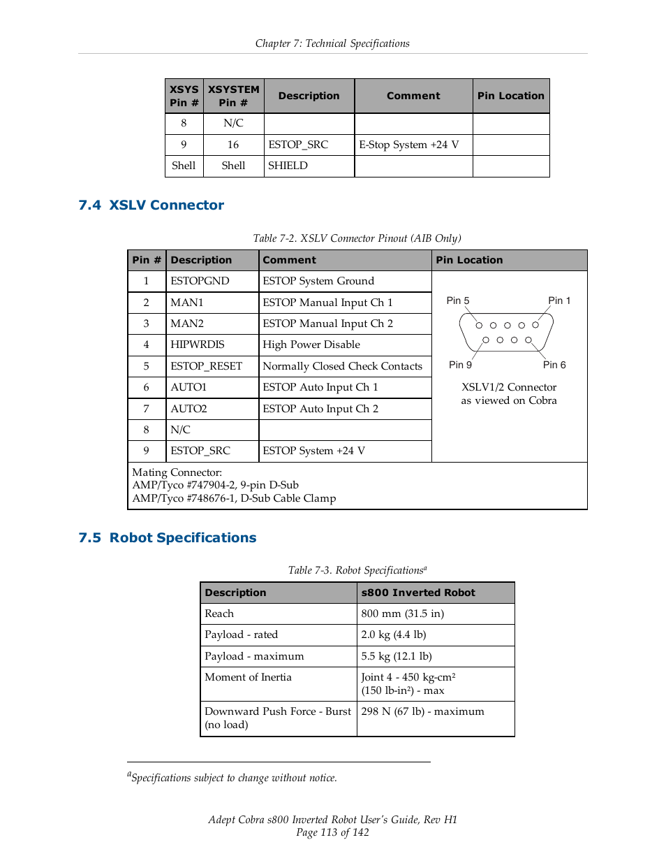 4 xslv connector, 5 robot specifications | Adept s800 s800 User Manual | Page 113 / 142