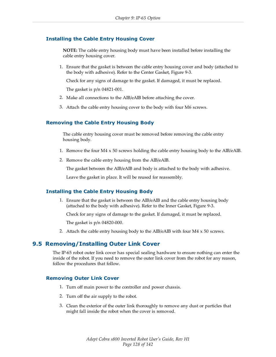 Installing the cable entry housing cover, Removing the cable entry housing body, Installing the cable entry housing body | 5 removing/installing outer link cover, Removing outer link cover | Adept s800 s800 User Manual | Page 128 / 142