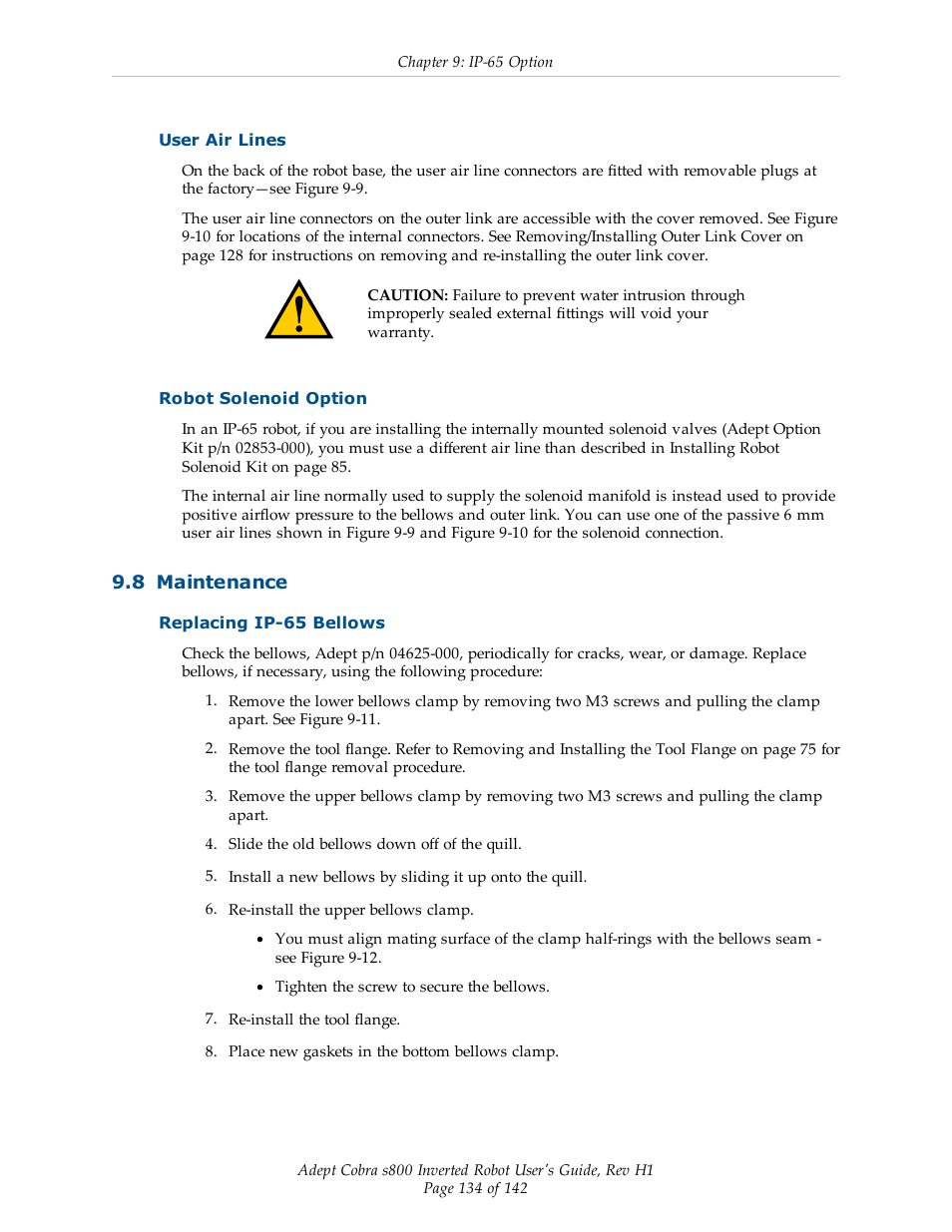 User air lines, Robot solenoid option, 8 maintenance | Replacing ip-65 bellows | Adept s800 s800 User Manual | Page 134 / 142