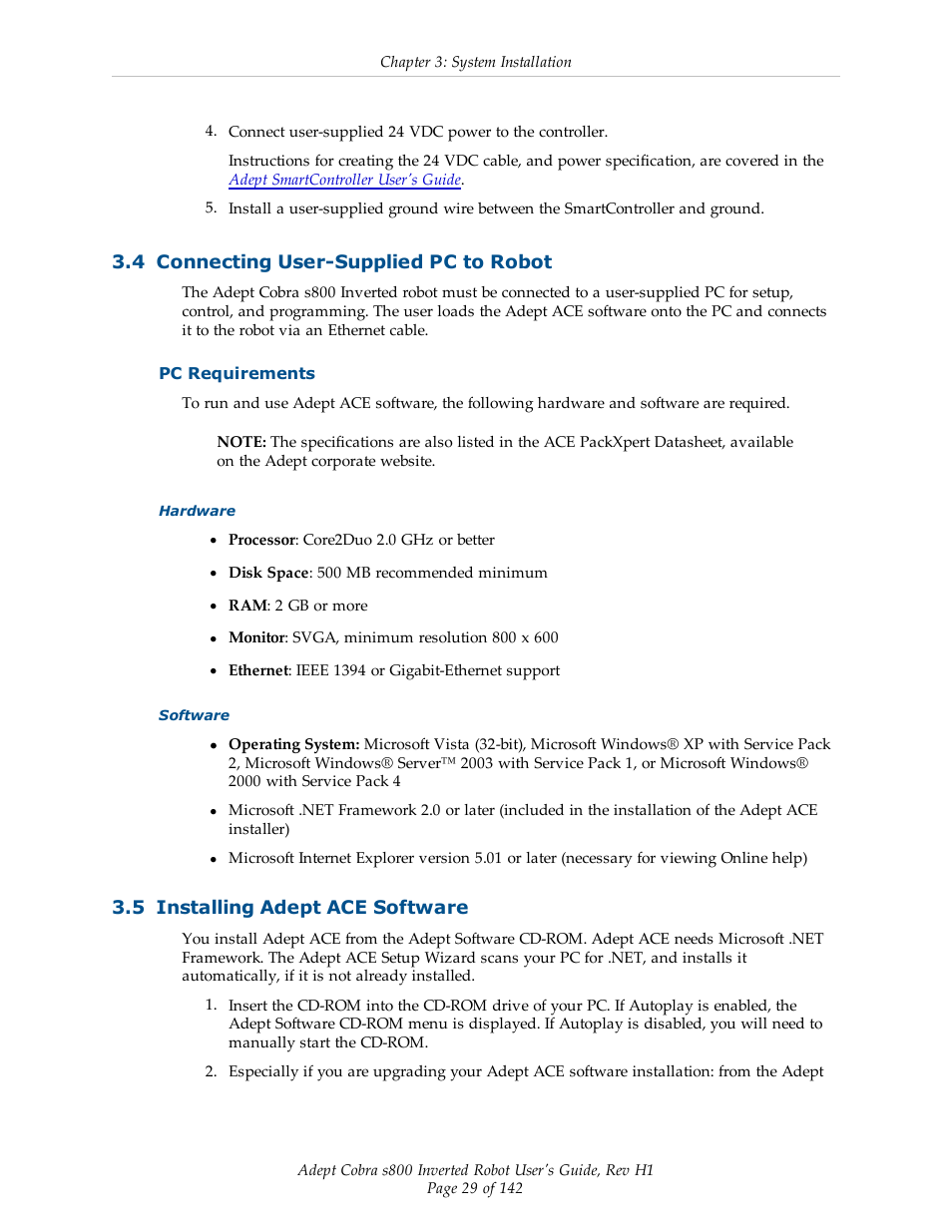 4 connecting user-supplied pc to robot, Pc requirements, 5 installing adept ace software | Adept s800 s800 User Manual | Page 29 / 142