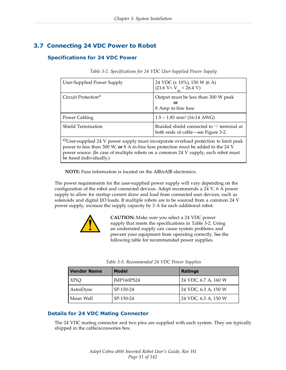 7 connecting 24 vdc power to robot, Specifications for 24 vdc power, Details for 24 vdc mating connector | Adept s800 s800 User Manual | Page 31 / 142