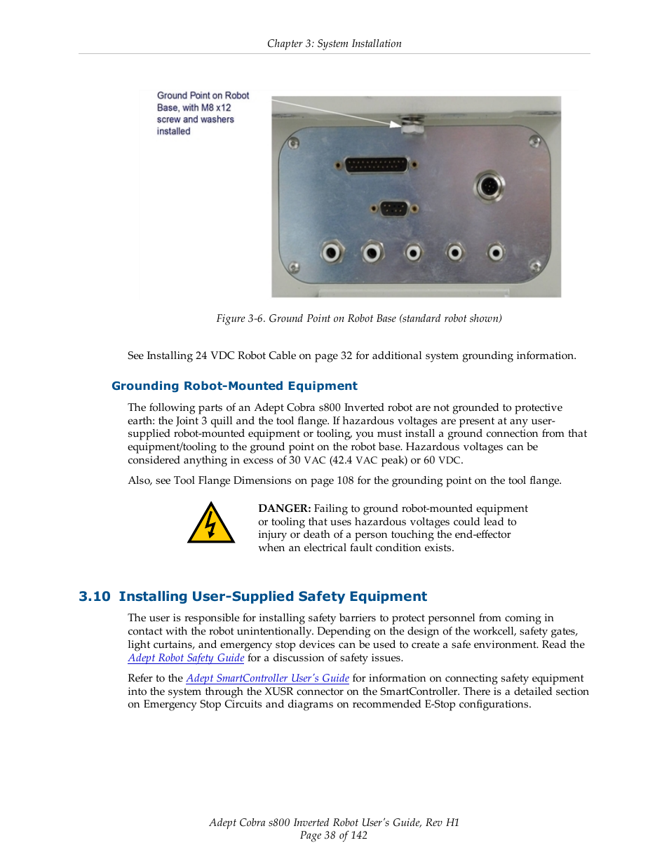 Grounding robot-mounted equipment, 10 installing user-supplied safety equipment | Adept s800 s800 User Manual | Page 38 / 142