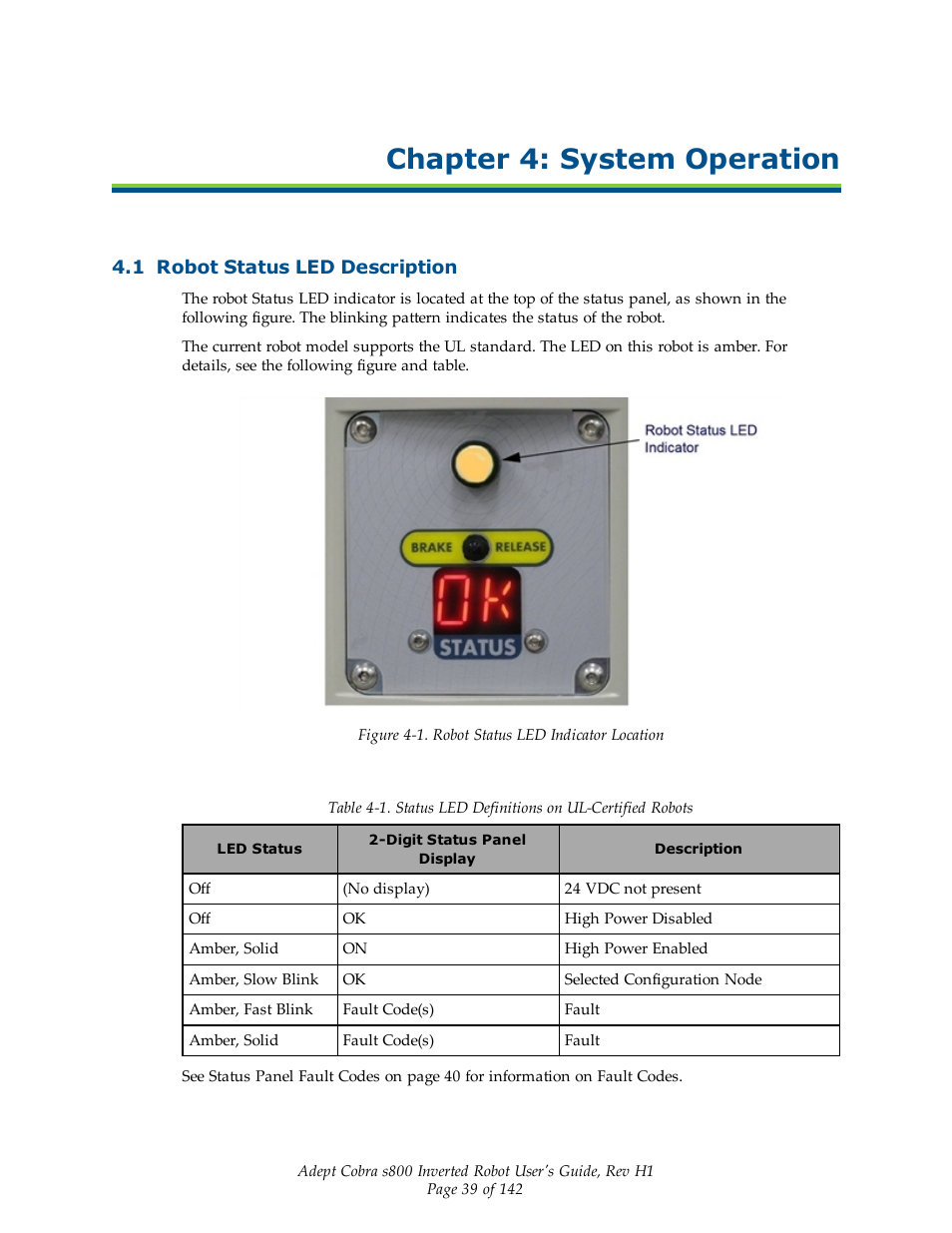 Chapter 4: system operation, 1 robot status led description | Adept s800 s800 User Manual | Page 39 / 142