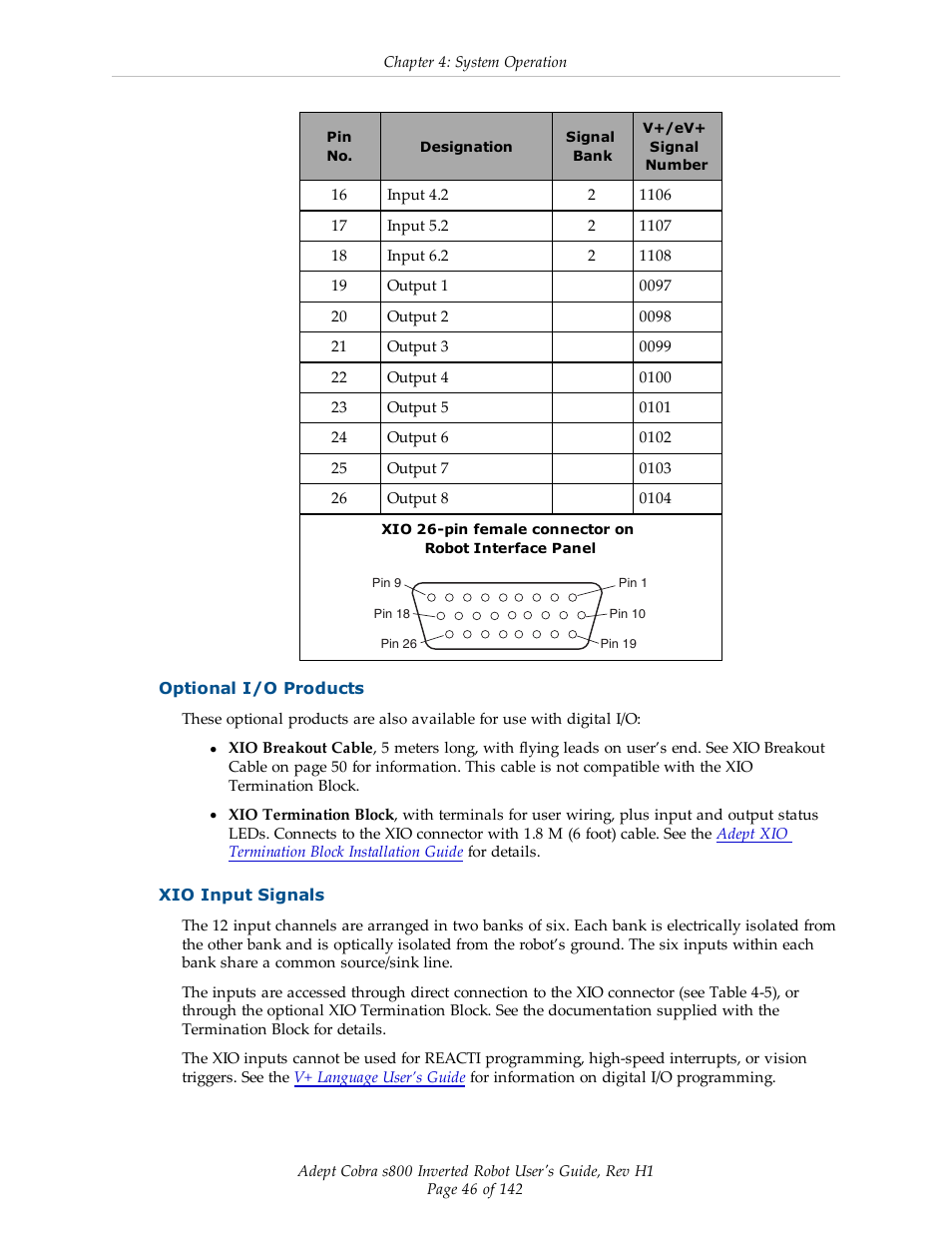 Optional i/o products, Xio input signals | Adept s800 s800 User Manual | Page 46 / 142