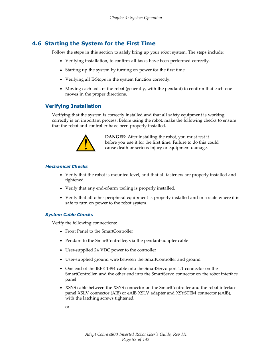 6 starting the system for the first time, Verifying installation | Adept s800 s800 User Manual | Page 52 / 142