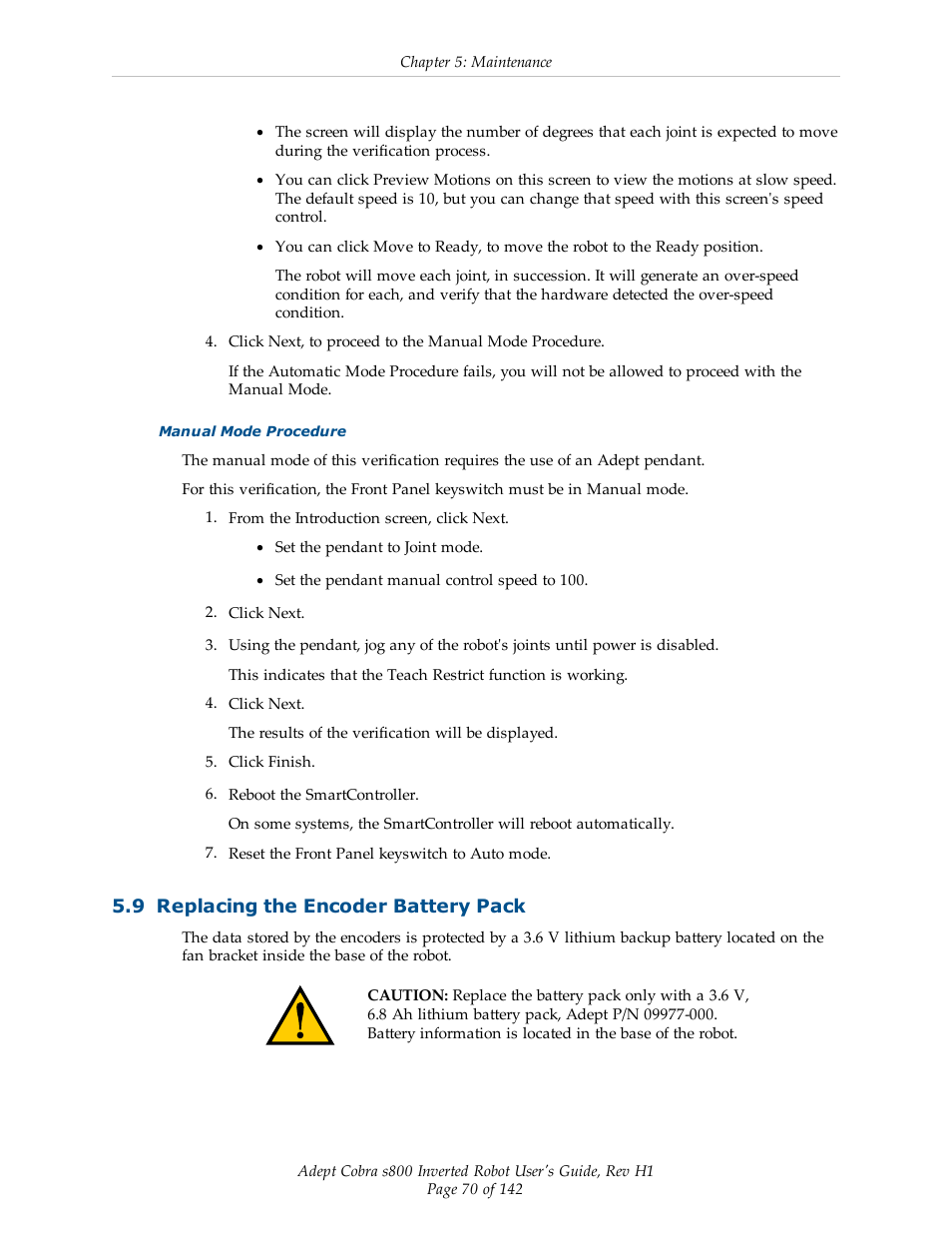 9 replacing the encoder battery pack, Section 5.9 | Adept s800 s800 User Manual | Page 70 / 142