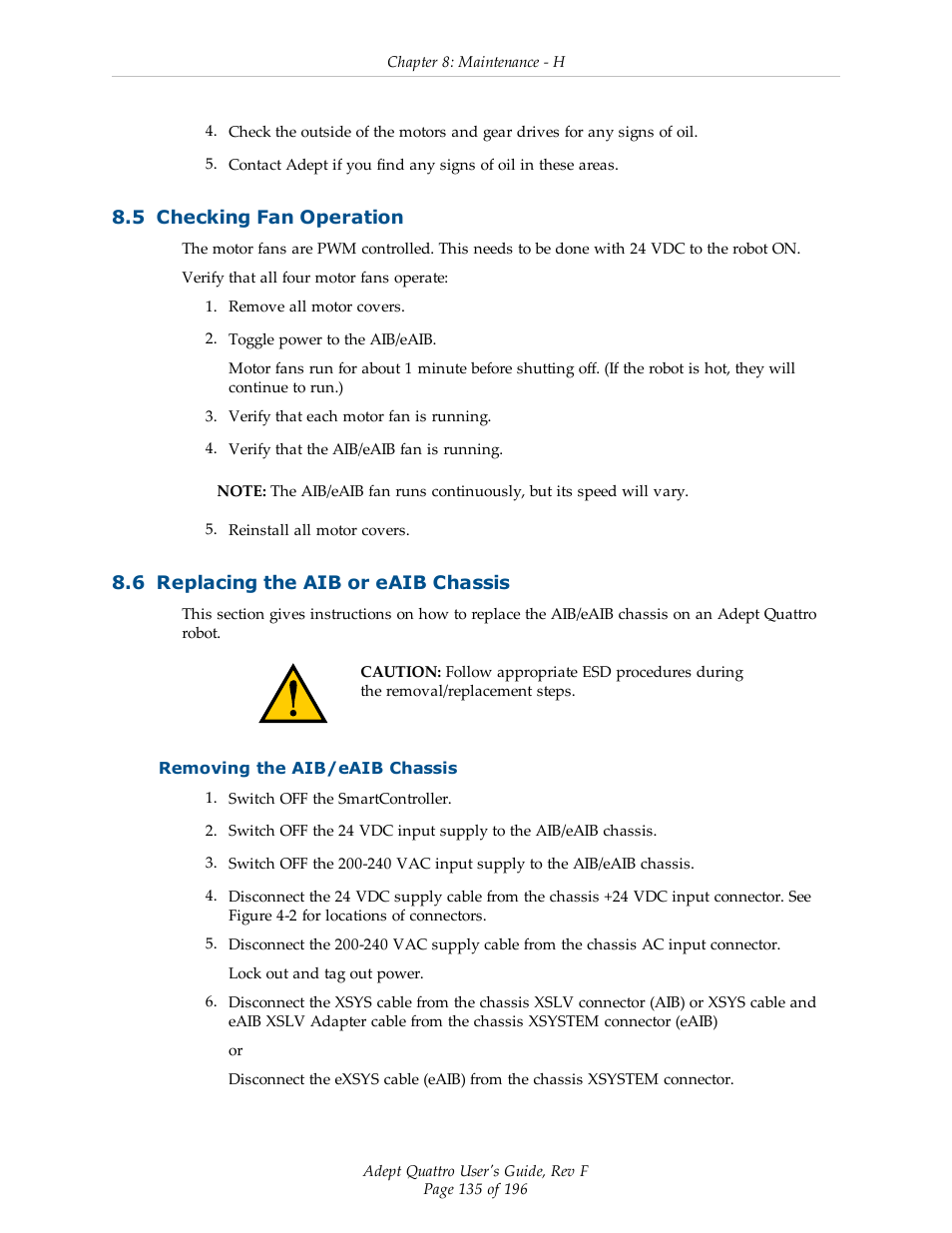 5 checking fan operation, 6 replacing the aib or eaib chassis, Removing the aib/eaib chassis | Adept s650HS Quattro User Manual | Page 135 / 196