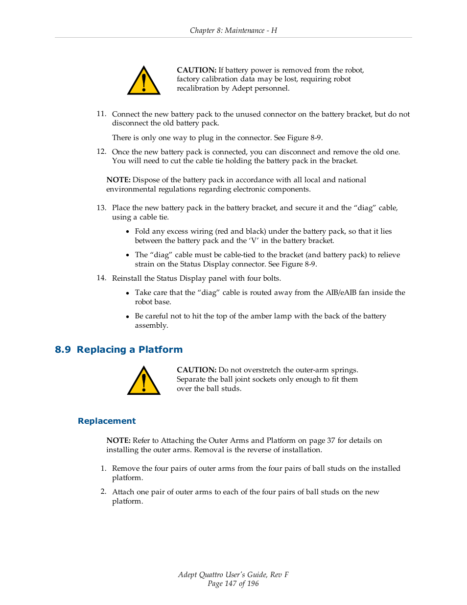 9 replacing a platform, Replacement | Adept s650HS Quattro User Manual | Page 147 / 196