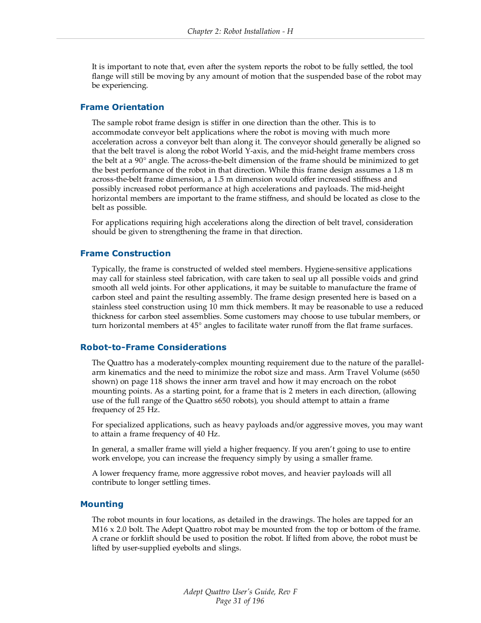 Frame orientation, Frame construction, Robot-to-frame considerations | Mounting | Adept s650HS Quattro User Manual | Page 31 / 196