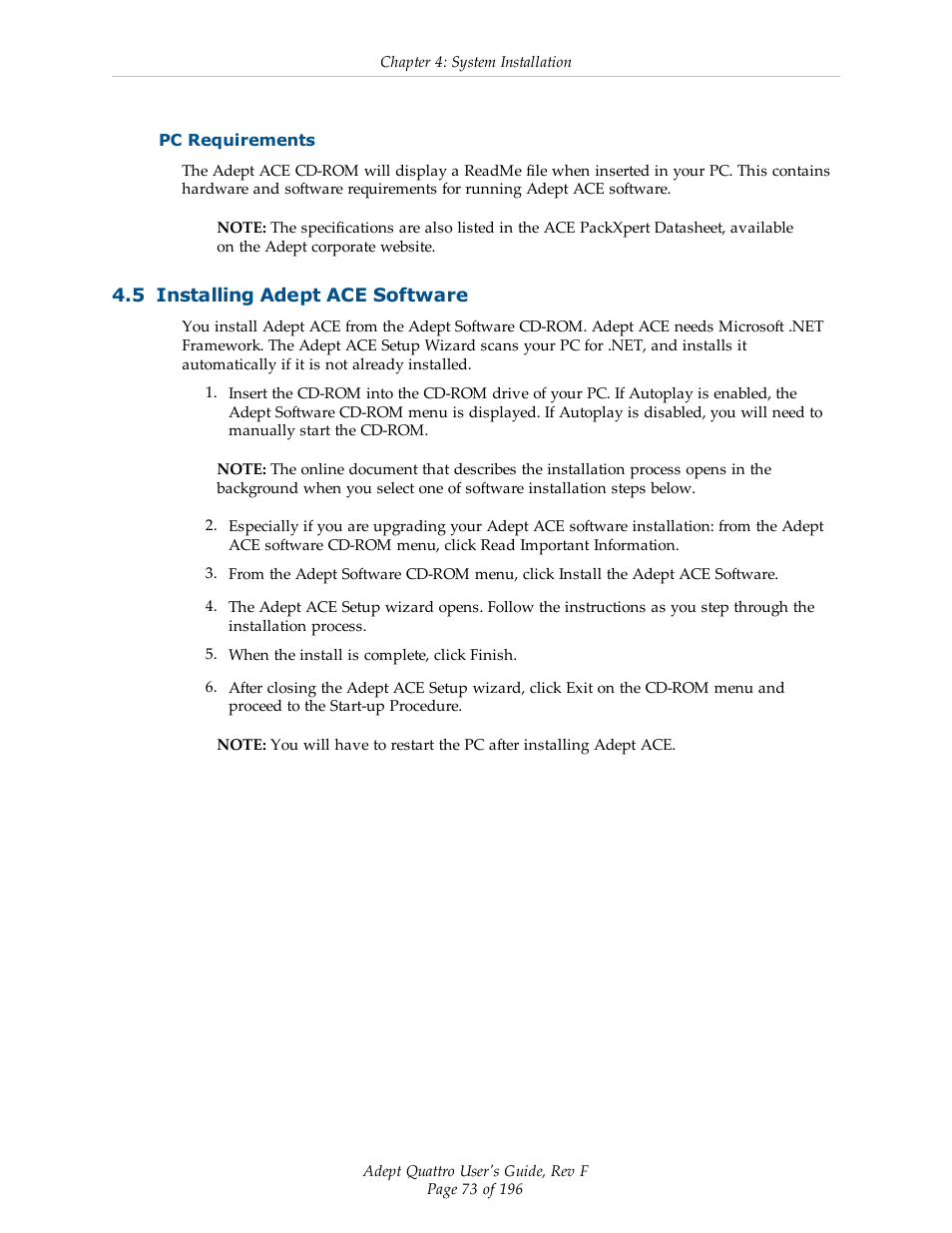 Pc requirements, 5 installing adept ace software | Adept s650HS Quattro User Manual | Page 73 / 196