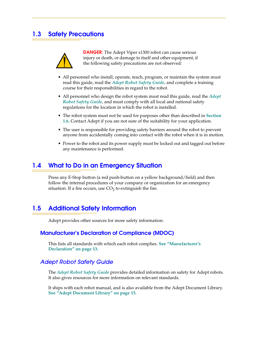 3 safety precautions, 4 what to do in an emergency situation, 5 additional safety information | Manufacturer’s declaration of compliance (mdoc), Adept robot safety guide | Adept s1300 Viper User Manual | Page 12 / 62