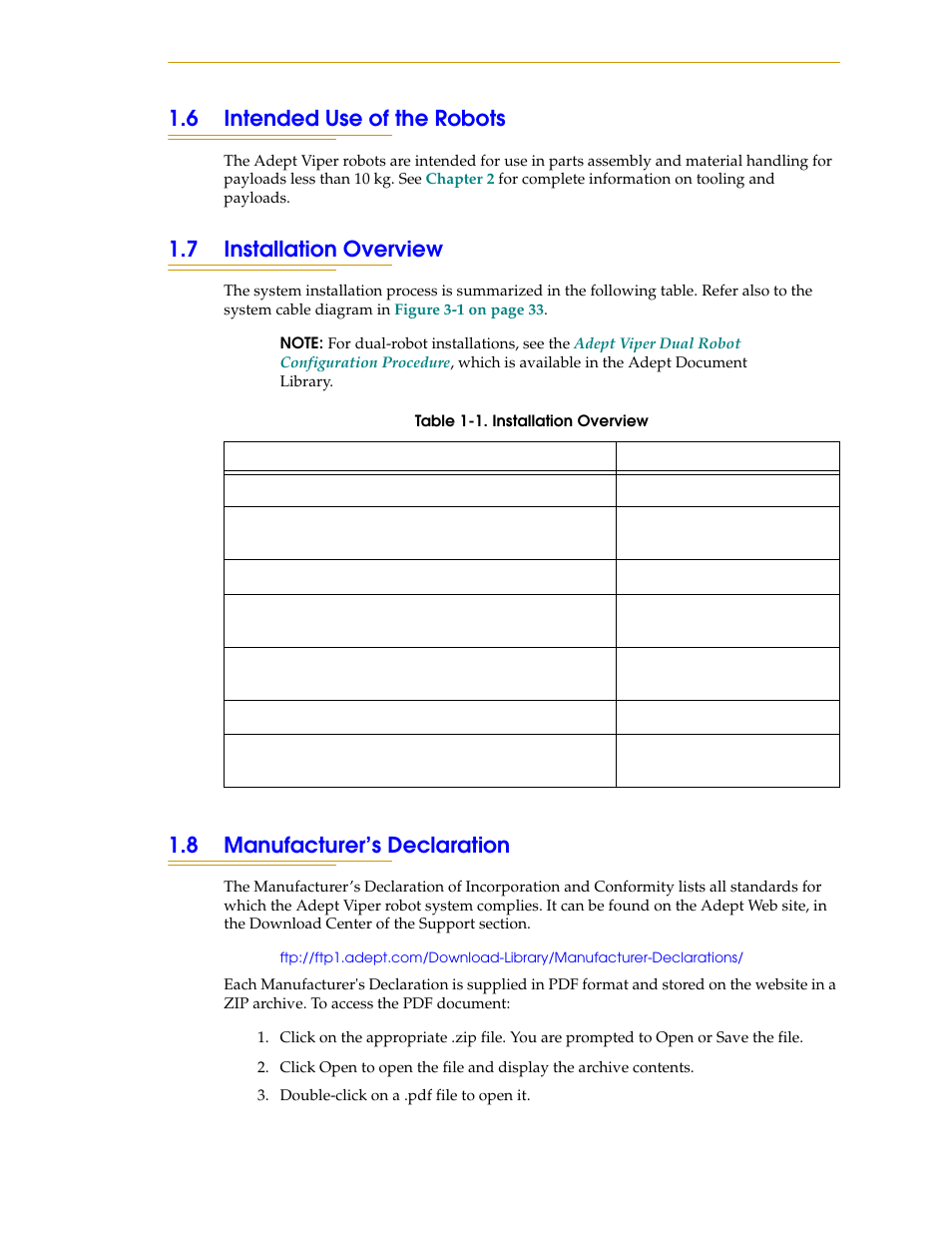 6 intended use of the robots, 7 installation overview, 8 manufacturer’s declaration | Section, See “manufacturer’s | Adept s1300 Viper User Manual | Page 13 / 62