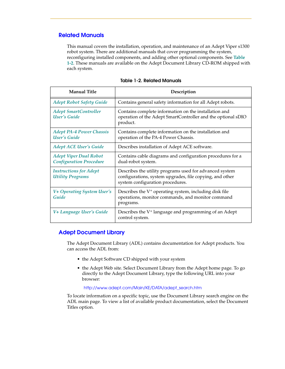 Related manuals, Adept document library | Adept s1300 Viper User Manual | Page 15 / 62