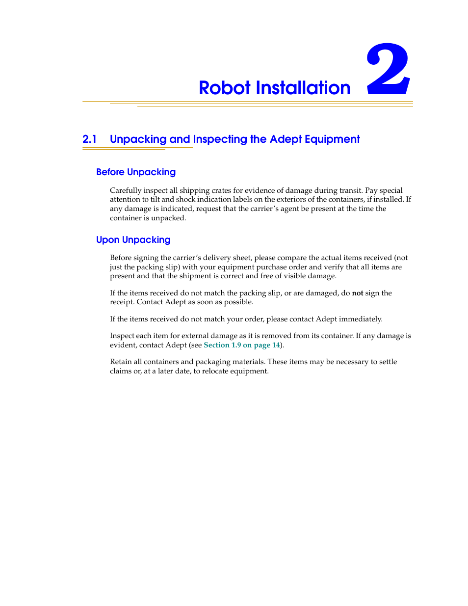 Robot installation, 1 unpacking and inspecting the adept equipment, Before unpacking | Upon unpacking, Chapter 2, For com | Adept s1300 Viper User Manual | Page 17 / 62