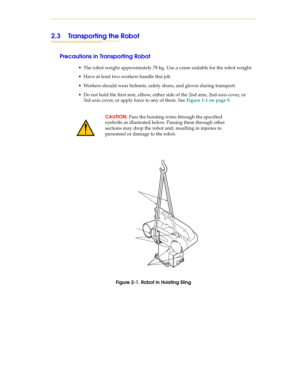 3 transporting the robot, Precautions in transporting robot, Figure 2-1. robot in hoisting sling | Adept s1300 Viper User Manual | Page 19 / 62