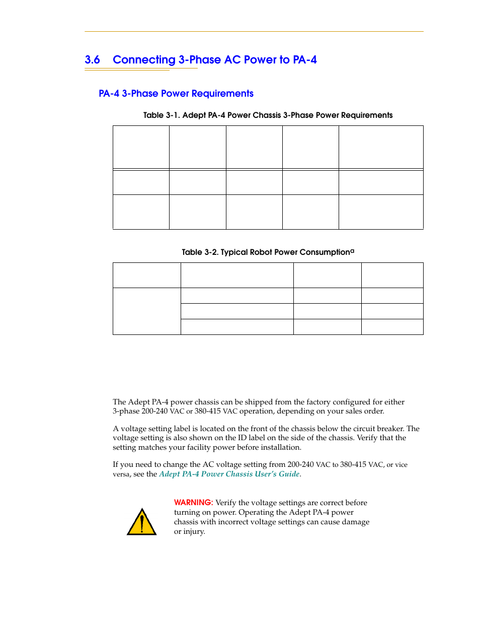 6 connecting 3-phase ac power to pa-4, Pa-4 3-phase power requirements | Adept s1300 Viper User Manual | Page 37 / 62