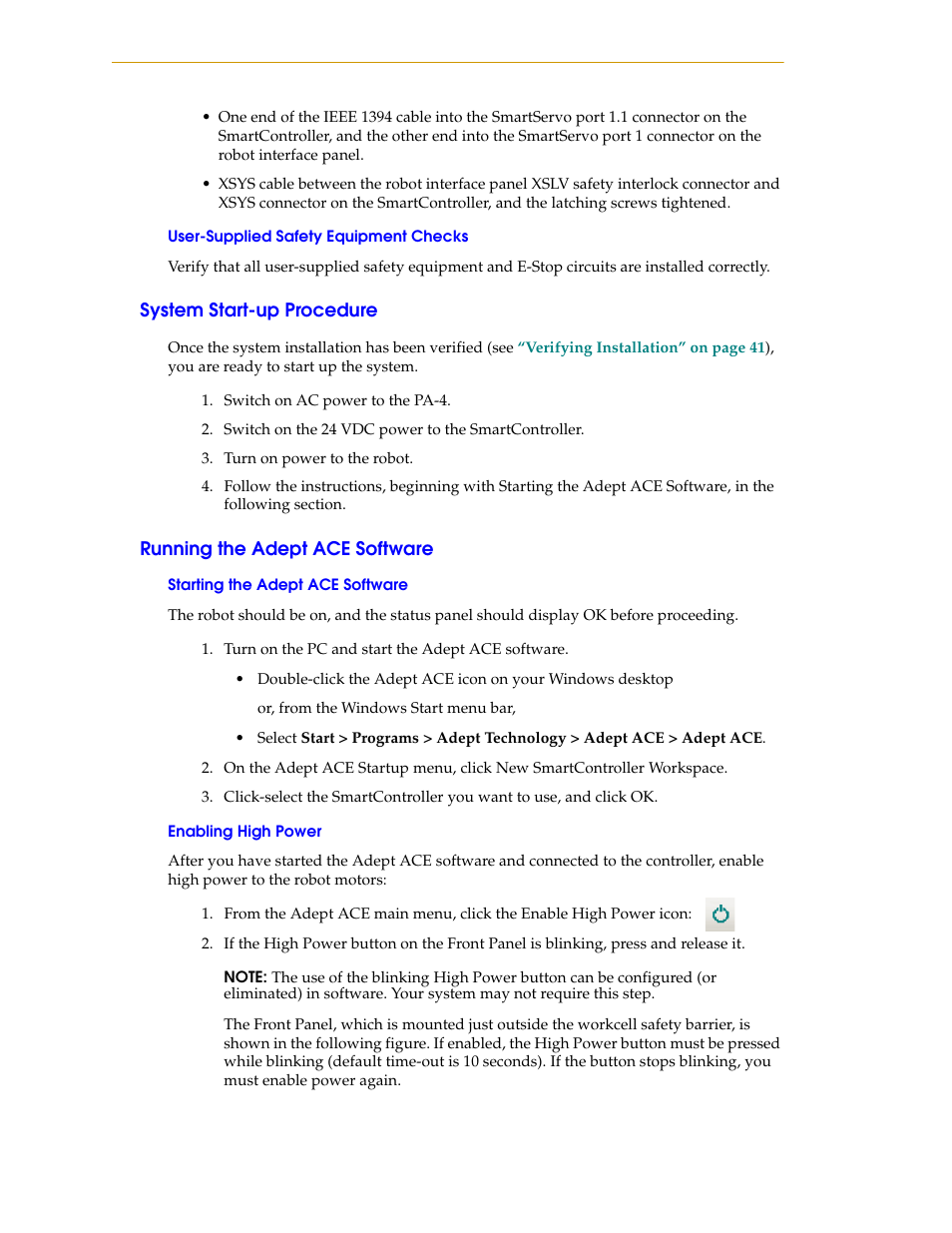 User-supplied safety equipment checks, System start-up procedure, Running the adept ace software | Starting the adept ace software, Enabling high power | Adept s1300 Viper User Manual | Page 42 / 62