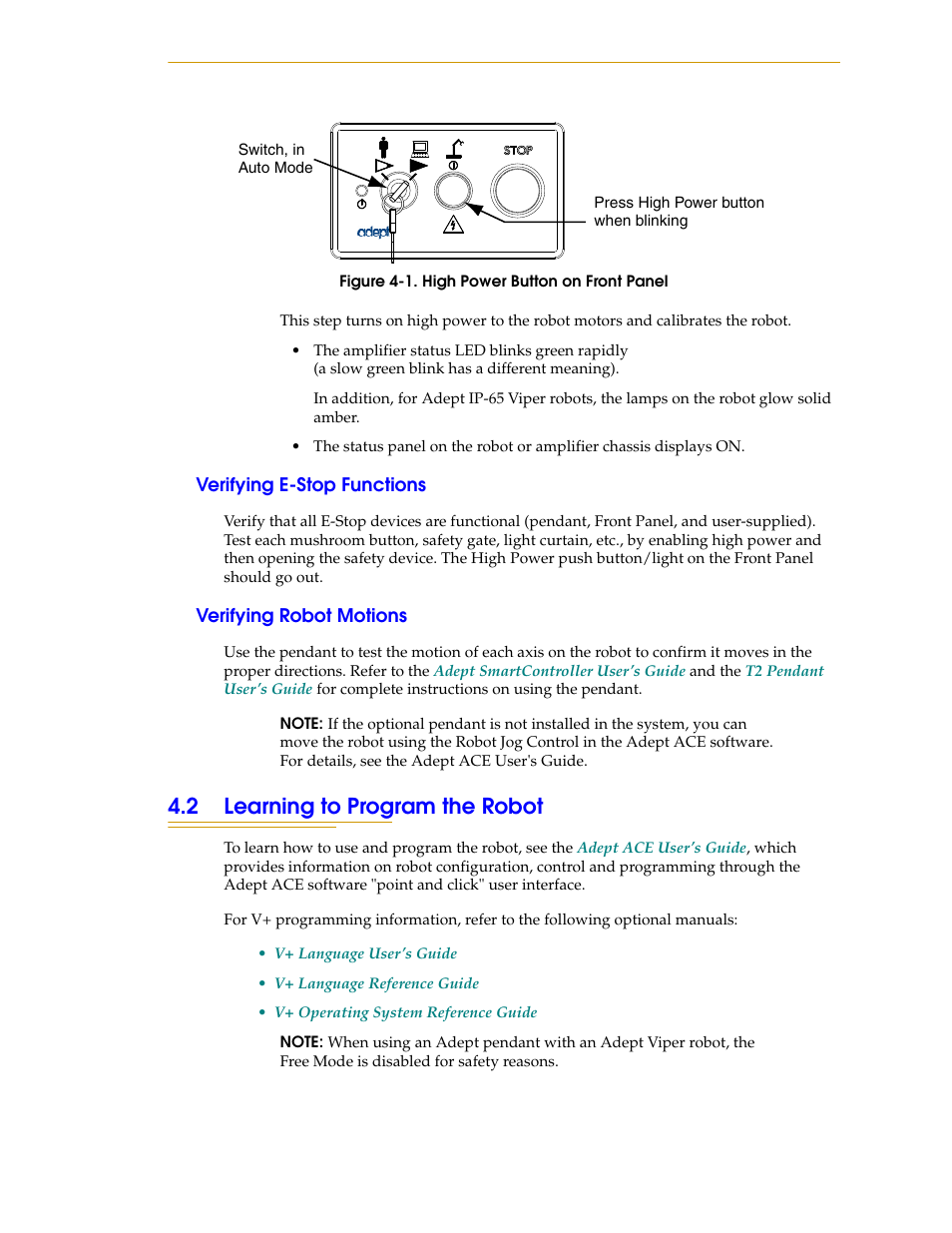 Verifying e-stop functions, Verifying robot motions, 2 learning to program the robot | Adept s1300 Viper User Manual | Page 43 / 62