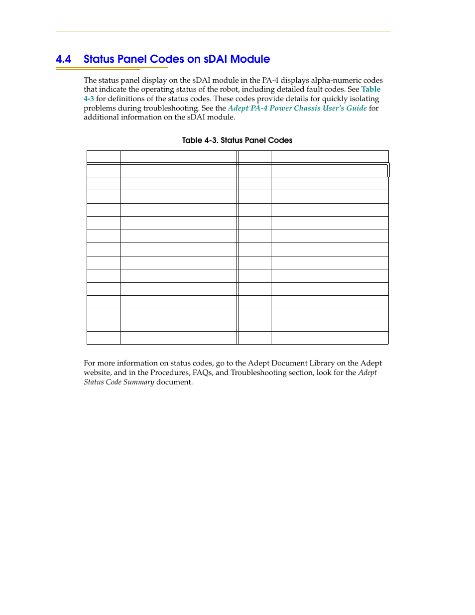 4 status panel codes on sdai module | Adept s1300 Viper User Manual | Page 46 / 62
