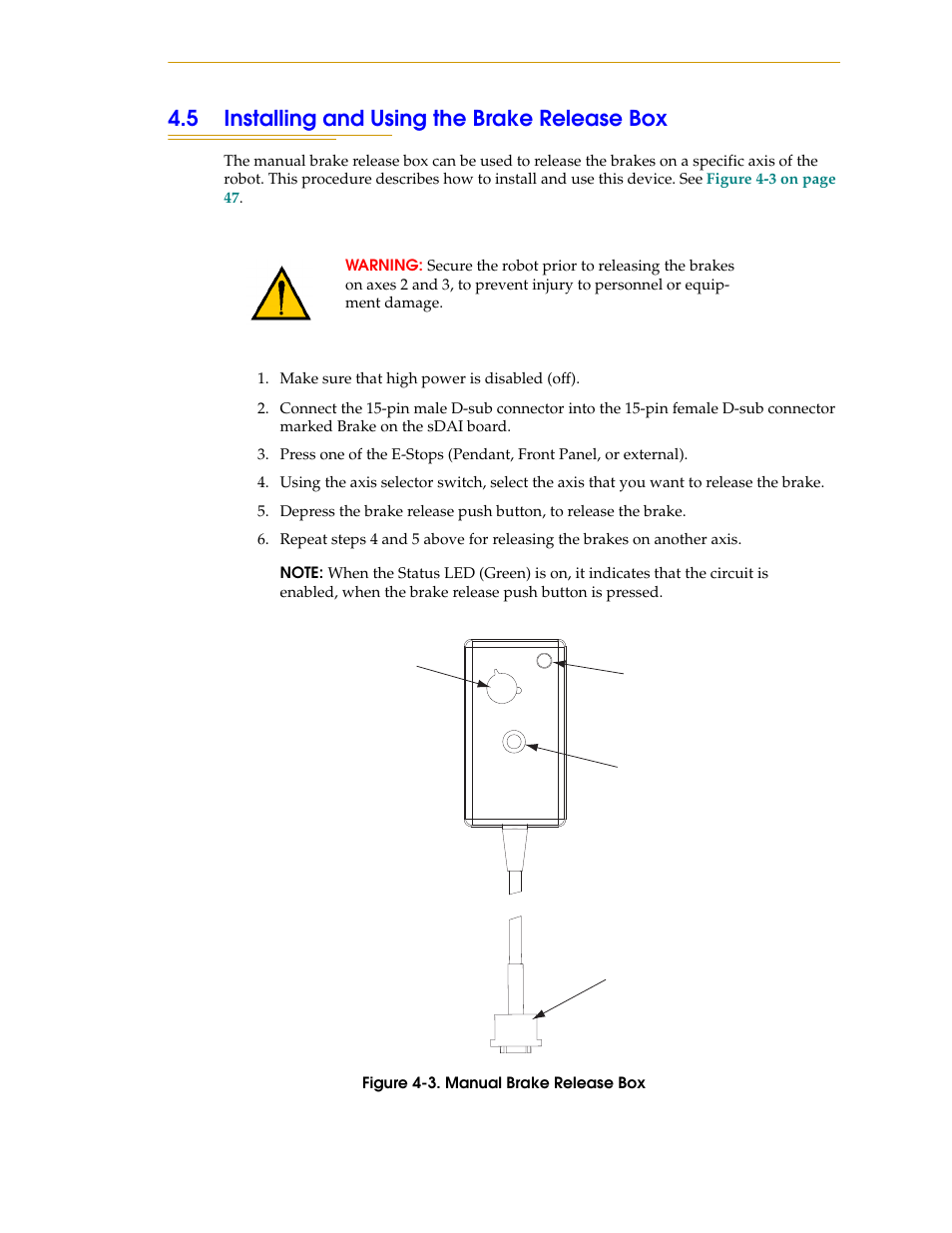 5 installing and using the brake release box, Figure 4-3. manual brake release box | Adept s1300 Viper User Manual | Page 47 / 62