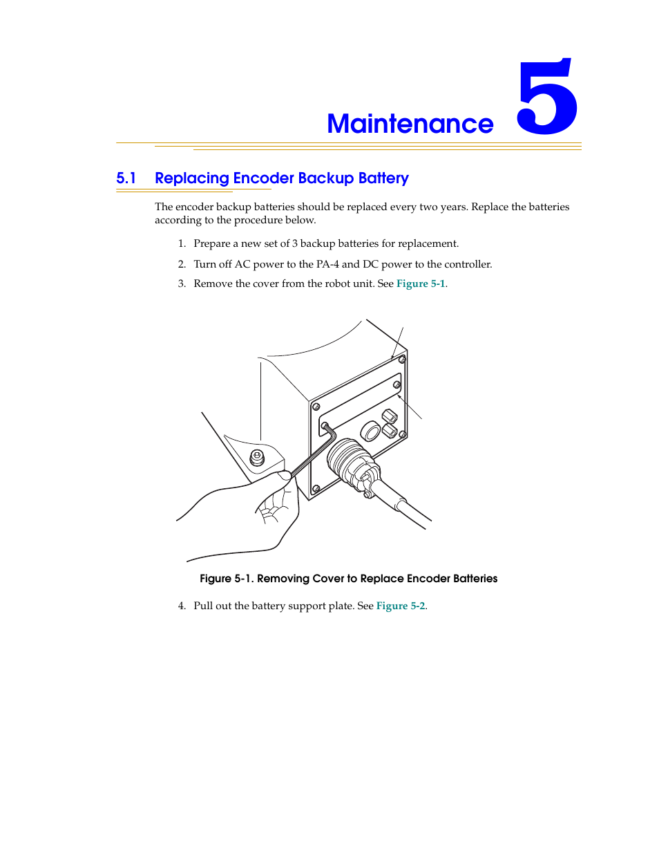 Maintenance, 1 replacing encoder backup battery | Adept s1300 Viper User Manual | Page 49 / 62