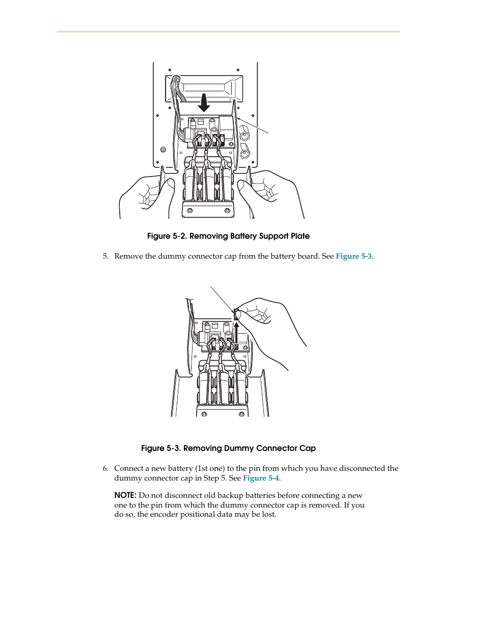 Figure 5-2. removing battery support plate, Figure 5-3. removing dummy connector cap | Adept s1300 Viper User Manual | Page 50 / 62