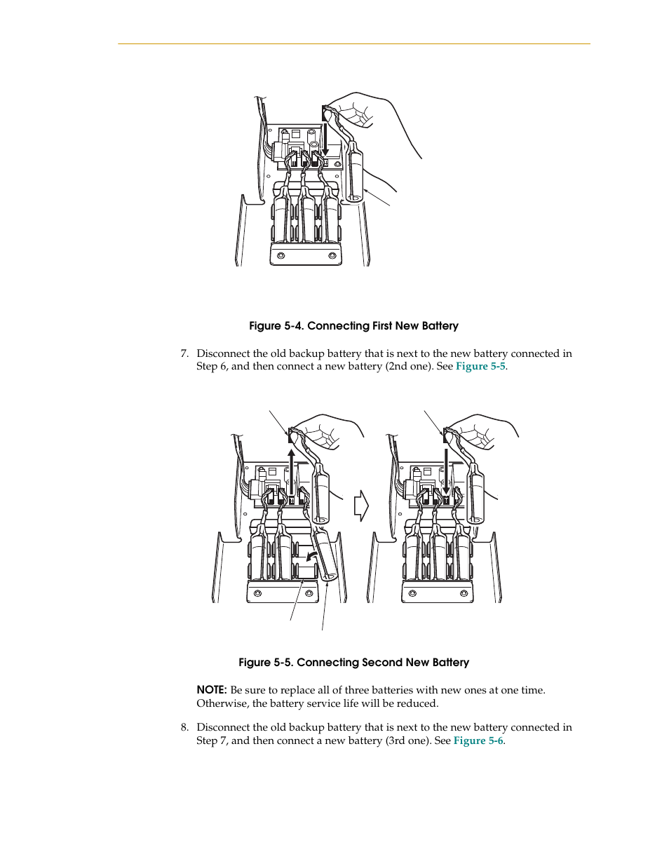 Figure 5-4. connecting first new battery, Figure 5-5. connecting second new battery, Figure 5-4 | Adept s1300 Viper User Manual | Page 51 / 62