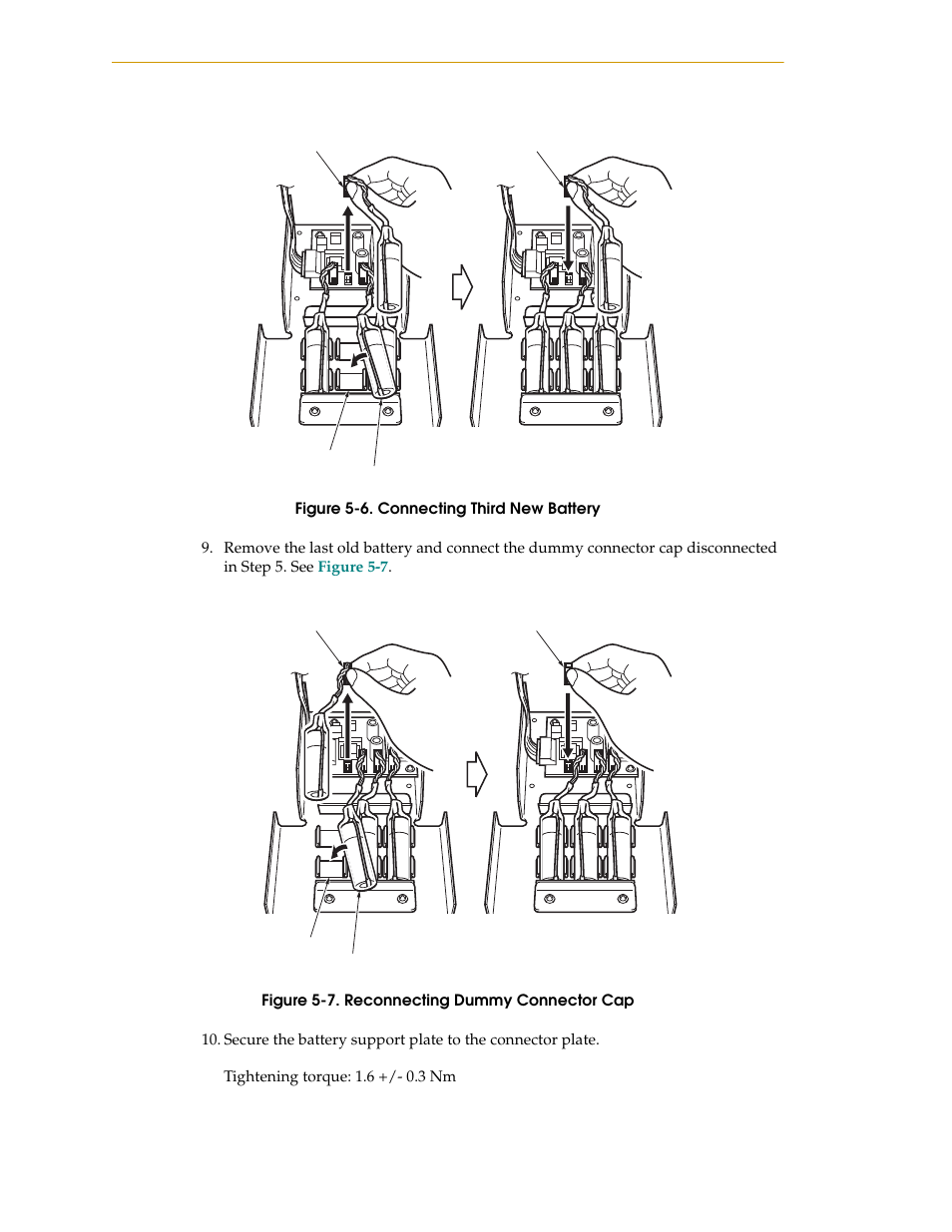 Figure 5-6. connecting third new battery, Figure 5-7. reconnecting dummy connector cap, Figure 5-6 | Adept s1300 Viper User Manual | Page 52 / 62