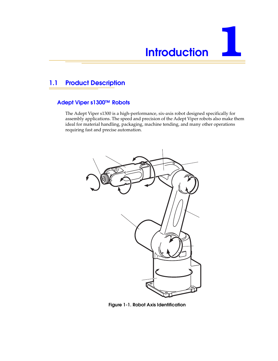 Introduction, 1 product description, Adept viper s1300™ robots | Figure 1-1. robot axis identification | Adept s1300 Viper User Manual | Page 9 / 62