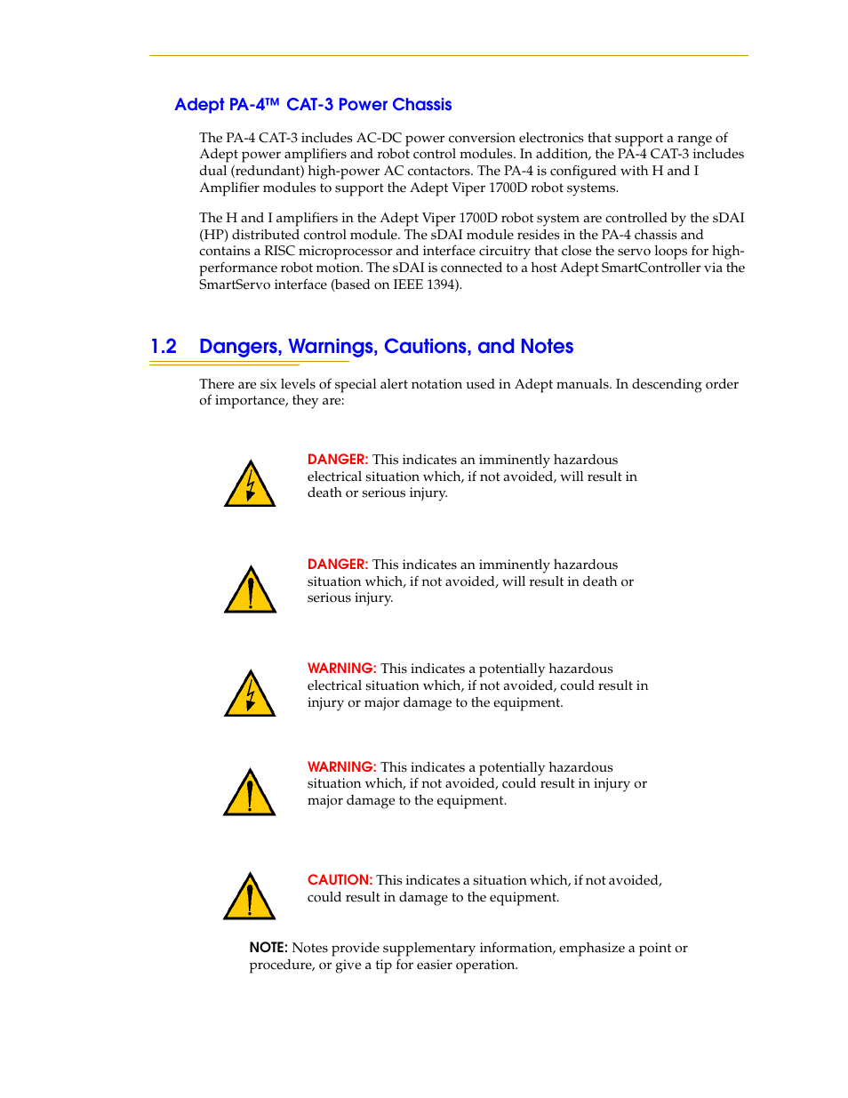 Adept pa-4™ cat-3 power chassis, 2 dangers, warnings, cautions, and notes | Adept s1700D Viper User Manual | Page 13 / 82