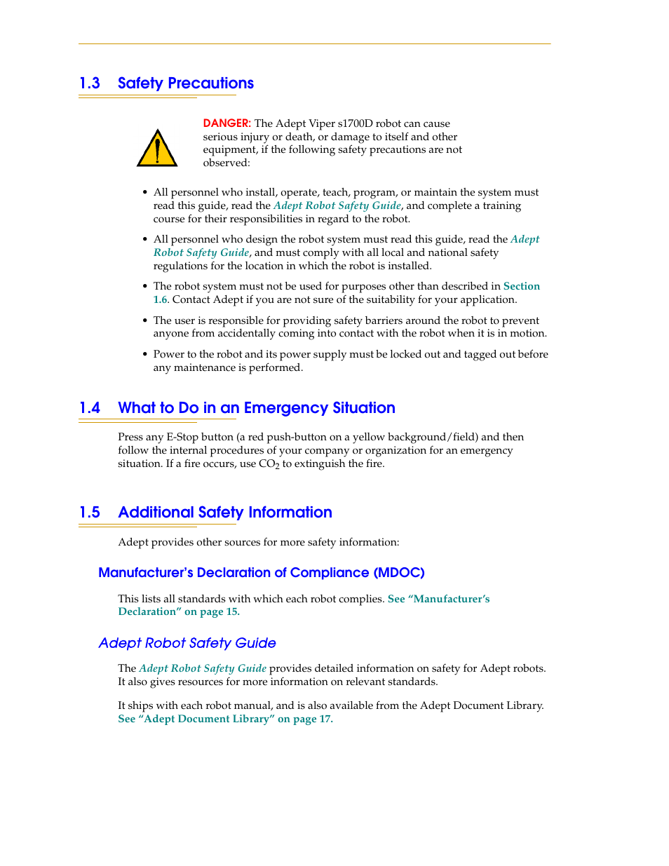 3 safety precautions, 4 what to do in an emergency situation, 5 additional safety information | Manufacturer’s declaration of compliance (mdoc), Adept robot safety guide | Adept s1700D Viper User Manual | Page 14 / 82