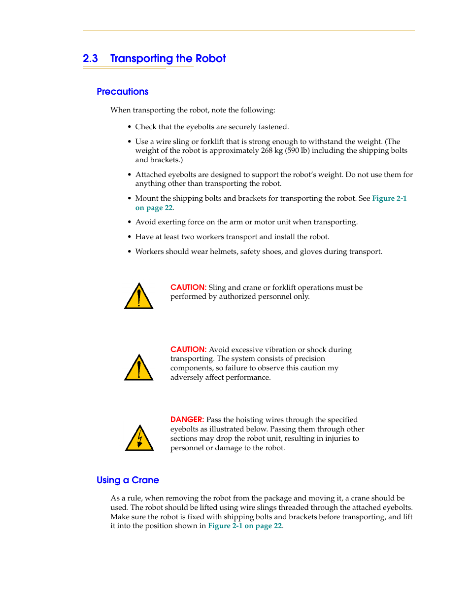 3 transporting the robot, Precautions, Using a crane | Adept s1700D Viper User Manual | Page 21 / 82